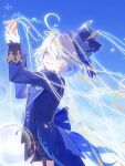  1girl absurdres ahoge arms_up ascot blue_eyes blue_gem blue_hair blue_hat blue_jacket blue_pupils blue_ribbon blue_shorts blue_sky brooch bubble chinese_commentary commentary_request drop-shaped_pupils floating_ribbon from_side furina_(genshin_impact) gem genshin_impact gloves hair_between_eyes hands_up hat heterochromia highres jacket jewelry long_sleeves looking_at_viewer multicolored_hair open_mouth party_popper ribbon short_hair shorts sky smile solo streaked_hair symbol-shaped_pupils top_hat upper_body vision_(genshin_impact) white_gloves white_hair white_ribbon yellow_ribbon zenme_gai_bu_ming 