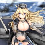  &gt;:) absurdres belt black_gloves blonde_hair breasts cleavage fingerless_gloves gloves hair_between_eyes hat highres iowa_(kantai_collection) kantai_collection large_breasts long_hair looking_at_viewer navel smile solo v-shaped_eyebrows yuriwhale 