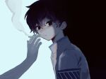  1boy 1other armband arms_at_sides black_background black_eyes black_hair blending cigarette commentary_request dark from_side highres holding holding_cigarette hyoutenka_30-do_no_zetsubou jacket kuchinashi_dabi looking_at_viewer mitsudomoe_koubou_(series) rou_(h_s_sinrin) simple_background smoke split_theme two-tone_background upper_body white_background white_jacket 