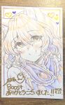 1girl animal_ears blonde_hair blue_tabard blush closed_mouth commentary_request dress fox_ears heart highres kitsune looking_at_viewer masanaga_(tsukasa) missing_headwear photo_(medium) portrait solo tabard touhou traditional_media white_dress yakumo_ran yellow_eyes 