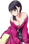  bare_shoulders black_hair blush breasts brown_eyes cleavage collarbone eyebrows_visible_through_hair highres japanese_clothes kimono long_hair matsunaga_kouyou medium_breasts original simple_background solo white_background 