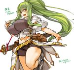  :d armor armored_boots belt boots breasts covered_nipples green_hair large_breasts long_hair midriff navel open_mouth orange_eyes original perky_breasts ponytail sachito sheath sheathed shorts smile solo sumi-chan_(sachito) sword teeth thick_thighs thighs weapon 