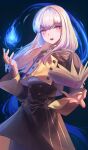  1girl absurdres black_background black_dress blue_fire blush book commentary_request dokon dress fire fire_emblem fire_emblem:_three_houses floating floating_book floating_object garreg_mach_monastery_uniform highres long_hair long_sleeves looking_at_viewer lysithea_von_ordelia magic open_mouth pink_eyes simple_background solo white_hair 