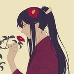  black_hair camellia flower hair_flower hair_ornament honegai japanese_clothes male_focus ponytail profile solo tarou_tachi touken_ranbu yellow_eyes 