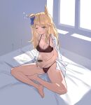  1girl absurdres animal_ears bare_legs barefoot blonde_hair blue_eyes bra breasts cleavage coffee coffee_mug commentary_request cup gold_city_(umamusume) hasegawamorito highres holding holding_cup horse_ears horse_girl horse_tail lace-trimmed_bra lace-trimmed_panties lace_trim long_hair mug one_eye_closed open_mouth panties red_bra red_panties shirt shirt_on_shoulders sitting solo tail umamusume underwear underwear_only white_shirt 