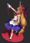  bare_arms belt blonde_hair bow codec007 fang gourd hair_bow horn_ribbon horns ibuki_suika long_hair looking_at_viewer low-tied_long_hair oni_horns open_mouth outstretched_arm ribbon shirt skirt sleeveless sleeveless_shirt smile solo touhou very_long_hair wrist_cuffs yellow_eyes 
