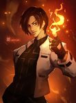  brown_eyes brown_hair chain fingerless_gloves fire gloves hand_in_pocket highres jacket kusanagi_kyou looking_at_viewer male_focus pyrokinesis shirt solo t-shirt the_king_of_fighters xiaoguimist 