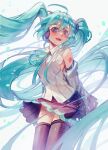  1girl ahoge aqua_eyes aqua_hair aqua_ribbon black_skirt black_thighhighs detached_sleeves hair_intakes hatsune_miku hatsune_miku_(nt) headphones kuro_(ning2763) long_hair looking_at_viewer miniskirt neck_ribbon open_mouth piapro_studio ribbon shirt skirt sleeveless sleeveless_shirt smile solo teeth thighhighs twintails upper_teeth_only very_long_hair vocaloid white_shirt 