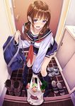  :d bag bent_over blush boots boots_removed brown_hair door doorway groceries grocery_bag long_hair long_sleeves low_twintails matsuryuu navy_blue_legwear neckerchief open_mouth original plastic_bag pleated_skirt sasaki_shiori school_bag school_uniform serafuku shirt shoes shopping_bag skirt smile sneakers socks solo twintails 