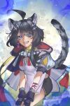  1girl :d absurdres ahoge animal_ears arknights arknights:_endfield black_hair black_mittens black_shorts black_tail commentary eyepatch hair_ornament highres huge_ahoge jewelry long_hair looking_at_viewer mittens necklace one_eye_covered purple_eyes qjinator shorts smile solo tail tail_raised tangtang_(arknights) 