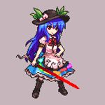  black_hat blue_hair blue_skirt boots bow bowtie brown_background brown_footwear buttons coat food frilled_skirt frills fruit full_body hand_on_hip hat hinanawi_tenshi holding holding_sword holding_weapon knee_boots leaf long_hair long_skirt lowres peach pixel_art puffy_short_sleeves puffy_sleeves rainbow_order red_bow red_eyes red_neckwear samezuma_jouji short_sleeves simple_background skirt smile smirk solo standing sword sword_of_hisou touhou very_long_hair weapon 