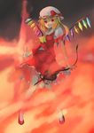  ascot bad_id bad_pixiv_id blonde_hair bow fire flandre_scarlet hat hat_bow highres koretsuki_azuma laevatein mob_cap red_eyes sash side_ponytail solo touhou wings 