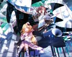  2girls album_cover arawara blonde_hair blue_ribbon blush brown_hair brown_mask commentary_request cover dress frilled_dress frills hair_ornament hairband half_mask hand_on_mask highres instrument iwanaga_ariya leg_ribbon long_hair long_sleeves looking_at_viewer mask mask_over_one_eye multiple_girls open_mouth piano pizuya's_cell red_eyes red_nails ribbon shell shell_hair_ornament shirt sitting skeletal_wings smile textless_version touhou very_long_hair watari_nina white_dress white_shirt wings yellow_eyes 