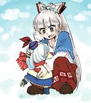  boots brown_eyes child fujiwara_no_mokou hat hug kamishirasawa_keine komaku_juushoku long_hair mittens multicolored_hair multiple_girls ofuda ponytail scarf shawl silver_hair snow touhou two-tone_hair very_long_hair younger 