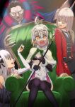  2boys ahoge bare_shoulders bell black_bow black_bra black_eyes black_gloves black_hair black_pants black_vest blonde_hair bow bowtie bra braid breasts capelet cloak closed_eyes coat collar collared_shirt commentary_request dress elbow_gloves fate/grand_order fate/strange_fake fate_(series) francesca_prelati_(fate) francois_prelati_(fate) frilled_collar frills fur-trimmed_capelet fur_trim gilles_de_rais_(caster)_(fate) gilles_de_rais_(fate) gloves green_ribbon hair_bow headpiece highres holding holding_polearm holding_weapon inugami86 jeanne_d'arc_alter_santa_lily_(fate) lance long_hair looking_at_viewer multicolored_bow multicolored_bowtie multiple_boys multiple_girls multiple_hair_bows necktie on_throne open_mouth pants polearm purple_cloak red_coat ribbon ringed_eyes shirt short_hair sitting smile striped_bow striped_clothes striped_dress striped_ribbon thighhighs throne two-tone_bow two-tone_bowtie underwear vertical-striped_clothes vertical-striped_dress very_long_hair vest weapon white_capelet white_hair white_shirt yellow_eyes 