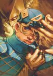  1boy 1other aqua_helmet aqua_sweater araki_hirohiko argyle_clothes argyle_sweater armor blonde_hair blue_eyes colored_skin colorized commentary diego_brando english_commentary gloves helmet highres jojo_no_kimyou_na_bouken jojo_pose medium_hair parted_lips spoilers steel_ball_run sweater the_world_(stand) tube turtleneck turtleneck_sweater void_art01 yellow_armor yellow_eyes yellow_gloves yellow_skin 