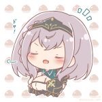 1girl :d arms_under_breasts blush braid breasts cleavage cleavage_cutout closed_eyes clothing_cutout commentary_request cropped_torso crossed_arms facing_viewer food-themed_background grey_hair headpiece highres hololive large_breasts mitarashi_neko notice_lines shirogane_noel shirogane_noel_(1st_costume) smile solo translation_request upper_body v-shaped_eyebrows virtual_youtuber white_background 