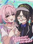  2girls ahoge baseball_cap black-framed_eyewear black_hair black_jacket blush choker closed_eyes collared_shirt colored_inner_hair commentary_request confetti fang hat heart heart-shaped_lock heart_hands heart_hands_duo highres houndstooth idolmaster idolmaster_cinderella_girls idolmaster_shiny_colors jacket leather leather_choker mitsumine_yuika multicolored_hair multicolored_jacket multiple_girls open_mouth pink_eyes pink_hair pippo_(pippo314) print_hat shirt smile streamers twintails two-tone_hair two-tone_hat two-tone_jacket white_shirt yumemi_riamu 