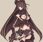  bad_id bad_pixiv_id bare_shoulders breasts brown_eyes brown_hair cleavage elbow_gloves garter_straps gloves gorget grey_background kantai_collection large_breasts leather leather_gloves long_hair looking_at_viewer maikeru_(dk_maikel) miniskirt nagato_(kantai_collection) navel simple_background skirt solo thighhighs very_long_hair 