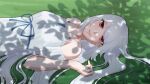  1girl absurdres bare_shoulders blue_ribbon closed_mouth dress grass hair_spread_out hand_up highres long_hair looking_at_viewer lying off-shoulder_dress off_shoulder on_back on_ground original red_eyes ribbon roxs_(roxss29) short_sleeves smile solo tree_shade upper_body white_dress white_hair 