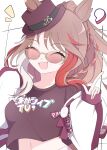  1girl absurdres animal_ears arnolddayo black_shirt breasts brown_hair commentary_request ears_through_headwear facing_viewer fang fedora forever_young_(umamusume) hat highres horse_ears horse_girl jacket long_hair long_sleeves medium_breasts midriff multicolored_hair navel open_clothes open_jacket open_mouth red-tinted_eyewear red_streaks shirt smile solo streaked_hair sunglasses teeth tinted_eyewear umamusume upper_body upper_teeth_only white_jacket white_streaks 