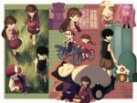  2boys 4girls antenna_hair artist_name bicycle black_eyes black_hair black_socks bright_pupils brown_hair character_request chibi closed_mouth cubone female_protagonist_(pokemon_pokopia) gengar highres holding holding_poke_ball ib_(kouri) jacket long_hair long_sleeves looking_at_another low_twintails madotsuki mary_(ib) mew_(pokemon) minpupunkun multiple_boys multiple_girls mutantheart_(omori) omori open_clothes open_jacket pink_hair poke_ball pokemon pokemon_(creature) pokemon_pokopia red_(pokemon) red_eyes red_jacket red_ribbon red_skirt red_sweater ribbon riding riding_bicycle short_hair sitting skirt snorlax socks sunny_(omori) sweater twintails twitter_username white_pupils window yume_nikki 