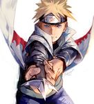  blonde_hair blue_eyes forehead_protector highres kunai male_focus namikaze_minato naruto naruto_(series) solo spiked_hair weapon zifletts 