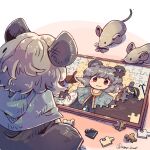  1girl animal_ears bishamonten's_pagoda blue_capelet capelet commentary_request facing_away grey_hair jigsaw_puzzle mame_komari mouse_(animal) mouse_ears nazrin puzzle puzzle_piece short_hair signature solo touhou twitter_username undefined_fantastic_object 
