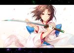  black_hair cherry_blossoms highres japanese_clothes kara_no_kyoukai katana kimono murakami_yuichi obi purple_eyes ryougi_shiki sash short_hair smile solo sword weapon 