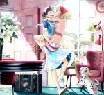  2girls absurdres analog_clock animal antique_phone apron armchair bandana black_hair blonde_hair blue_dress carrying carrying_person chair clock commentary couple curly_hair dalmatian day dog door_handle door_knocker dress english_commentary full_body gloves grey_eyes happy hat highres hug hug_carry indoors kiss kissing_cheek lamp leg_lock medium_hair multiple_girls nurse nurse_cap one_eye_closed open_door open_mouth original peephole pet phone pink_dress polka_dot polka_dot_dress postcard red_bandana red_shoes rotary_phone shoes short_hair short_sleeves slip-on_shoes smile sneakers standing suitcase tofufuyu0112 twitter_username wallpaper_(object) white_apron white_gloves white_hat white_lily white_shoes wife_and_wife window yuri 