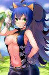  animal_ears armpits belt blue_hair blush breasts buckle center_opening genderswap genderswap_(mtf) gloves green_eyes grin humanization index_finger_raised large_breasts long_hair naso4 navel palm_tree ponytail sleeveless smile solo sonic sonic_the_hedgehog tree white_gloves 