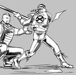  baseball baseball_uniform billy_kane crop_top cropped_jacket facial_hair fatal_fury gloves greyscale jacket male_focus monochrome multiple_boys muscle seth_(kof) short_hair sport sportswear staff the_king_of_fighters yk 