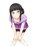  alternate_hairstyle bangs black_hair blunt_bangs blush collarbone downblouse exercise green_eyes hair_bun highres knees_together_feet_apart kurosawa_dia looking_at_viewer love_live! love_live!_sunshine!! mole mole_under_mouth official_style shorts smile solo sweat tied_hair yu-ta 