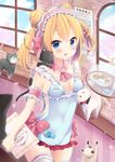  blonde_hair braid breasts cat cleavage double_bun dress headdress highres kuune_rin long_hair md5_mismatch moe2016 name_tag no_bra original small_breasts solo thighhighs waitress 