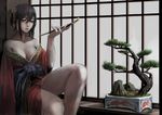  black_hair breasts cleavage earrings eyeliner grey_eyes hair_ornament highres holding holding_pipe japanese_clothes jewelry jittsu kimono kiseru looking_at_viewer makeup medium_breasts off_shoulder original parted_lips pipe plant potted_plant short_hair sitting solo yuujo 