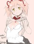  blush breasts cleavage clothes_lift commentary_request dress gloves kaname_madoka looking_at_viewer mahou_shoujo_madoka_magica pink_hair school_uniform shinama short_twintails skirt skirt_lift small_breasts smile solo twintails ultimate_madoka white_gloves yellow_eyes 