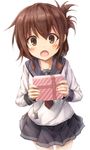  birthday box brown_eyes brown_hair commentary folded_ponytail gift gift_box happy_birthday inazuma_(kantai_collection) jewelry kantai_collection long_hair open_mouth ring school_uniform serafuku solo suien wedding_band 