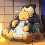  blush claws closed_eyes closed_mouth dragonite fang fang_out highres horns japanese_clothes kimono lantern on_floor open_mouth paper_lantern pokemon pokemon_(creature) shouji single_horn sitting sleeping sliding_doors snorlax tatami tatu_wani wings yukata 