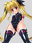  arm_strap arms_behind_back ass_visible_through_thighs bangs bar_censor bare_shoulders beltbra black_gloves black_legwear black_ribbon blonde_hair blush breasts buckle cameltoe censored choker covered_navel cowboy_shot crotch fate_testarossa from_below gloves grey_background groin_tendon hair_ribbon halterneck hand_on_own_thigh highleg highleg_leotard legs_apart leotard long_hair looking_at_viewer looking_down low-tied_long_hair lyrical_nanoha magical_girl mahou_shoujo_lyrical_nanoha parted_bangs parted_lips red_eyes ribbon sen_(sansui) shiny shiny_clothes sidelocks simple_background skin_tight small_breasts solo standing taut_clothes thighhighs turtleneck twintails very_long_hair 