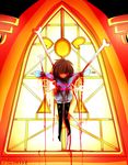  androgynous artist_name blood blood_from_mouth bloody_clothes bone brown_hair church frisk_(undertale) full_body glamist hair_over_eyes head_down hidden_eyes highres impaled indoors pantyhose solo spoilers stained_glass striped striped_sweater sweater torn_clothes undertale window 