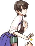  1girl 1other blue_hakama breasts brown_eyes brown_hair closed_mouth flying_sweatdrops from_side hair_between_eyes hakama hakama_skirt japanese_clothes kaga_(kancolle) kantai_collection kimono looking_at_viewer muneate ogros pov side_ponytail simple_background skirt solo_focus tasuki white_background white_kimono 