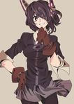  alternate_legwear bad_id bad_pixiv_id belt contrapposto eyepatch gloves grey_background hand_on_hip highres kantai_collection leather leather_gloves looking_at_viewer maikeru_(dk_maikel) miniskirt necktie pantyhose pleated_skirt purple_hair school_uniform short_hair simple_background skirt smile solo standing tenryuu_(kantai_collection) 