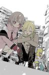  >_< 2boys 2girls blonde_hair blush bow breath building city closed_eyes commentary_request green_scarf hair_between_eyes highres holding hood hood_up jacket long_sleeves mado_(mado83893768) makaino_ririmu makaino_ririmu_(4th_costume) mittens mode_aim multicolored_hair multiple_boys multiple_girls nijisanji outdoors overalls pants peanuts-kun pink_scarf plaid_clothes plaid_scarf ponpoko_(vtuber) scarf scarf_bow shoes snow_rabbit snowball snowing socks squatting streaked_hair uzuki_kou uzuki_kou_(3rd_costume) virtual_youtuber white_socks 