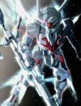  aqua_eyes beam_cannon cannon commentary exhaust glowing gundam gundam_calibarn gundam_suisei_no_majo highres holding holding_cannon light_particles mecha mechaklear mobile_suit no_humans redesign robot science_fiction solo space thrusters v-fin 