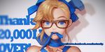  bare_shoulders blonde_hair blue_eyes blurry depth_of_field hair_ribbon hits instant_ip long_hair looking_at_viewer mouth_hold naked_ribbon ribbon ribbon_in_mouth short_hair smile solo watermark web_address 