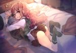  ass bed brown_eyes brown_hair hair_ornament hairclip legs_up long_hair long_sleeves looking_at_viewer looking_back lying on_bed on_stomach original pillow pillow_hug shirt skirt solo ukyo_rst very_long_hair vest 