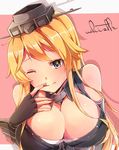  ;q bare_shoulders blonde_hair blue_eyes breasts cleavage detached_collar finger_licking fingerless_gloves gloves headgear iowa_(kantai_collection) kantai_collection large_breasts licking long_hair looking_at_viewer one_eye_closed solo tadashi-kun tongue tongue_out upper_body 