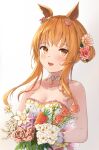  1girl animal_ears bare_shoulders blush bouquet breasts cleavage collarbone commentary_request dress ear_flower flower hair_flower hair_ornament highres holding holding_bouquet holding_flower horse_ears horse_girl long_hair mayano_top_gun_(sunlight_bouquet)_(umamusume) mayano_top_gun_(umamusume) medium_breasts official_alternate_costume open_mouth orange_flower orange_hair orange_rose rose smile solo strapless strapless_dress taikoi7 umamusume upper_body wedding_dress white_dress 