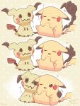  arm_on_another's_shoulder blush closed_eyes commentary_request drawn_eyes highres mimikyu mugita_konomi no_humans one_eye_closed open_mouth pikachu pokemon pokemon_(creature) pokemon_focus sleeping smile solid_oval_eyes 