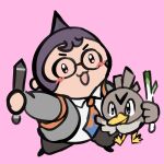  1boy :3 chibi chibi_only closed_mouth collared_shirt commentary crossover danganronpa:_trigger_happy_havoc danganronpa_(series) english_commentary farfetch'd food full_body glasses grey_jacket highres holding holding_food holding_pen holding_spring_onion holding_vegetable jacket male_focus necktie open_clothes open_jacket open_mouth orange_necktie pen pink_background pokemon pokemon_(creature) purple_hair round_eyewear shirt short_hair simple_background smile spring_onion suraelis vegetable white_shirt yamada_hifumi 